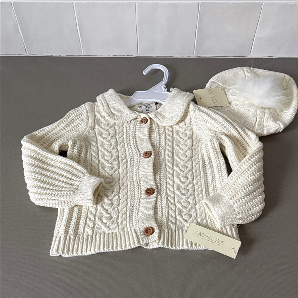 Rachel Zoe Cream Cable Knit Baby Cardigan & Pom Beanie Set